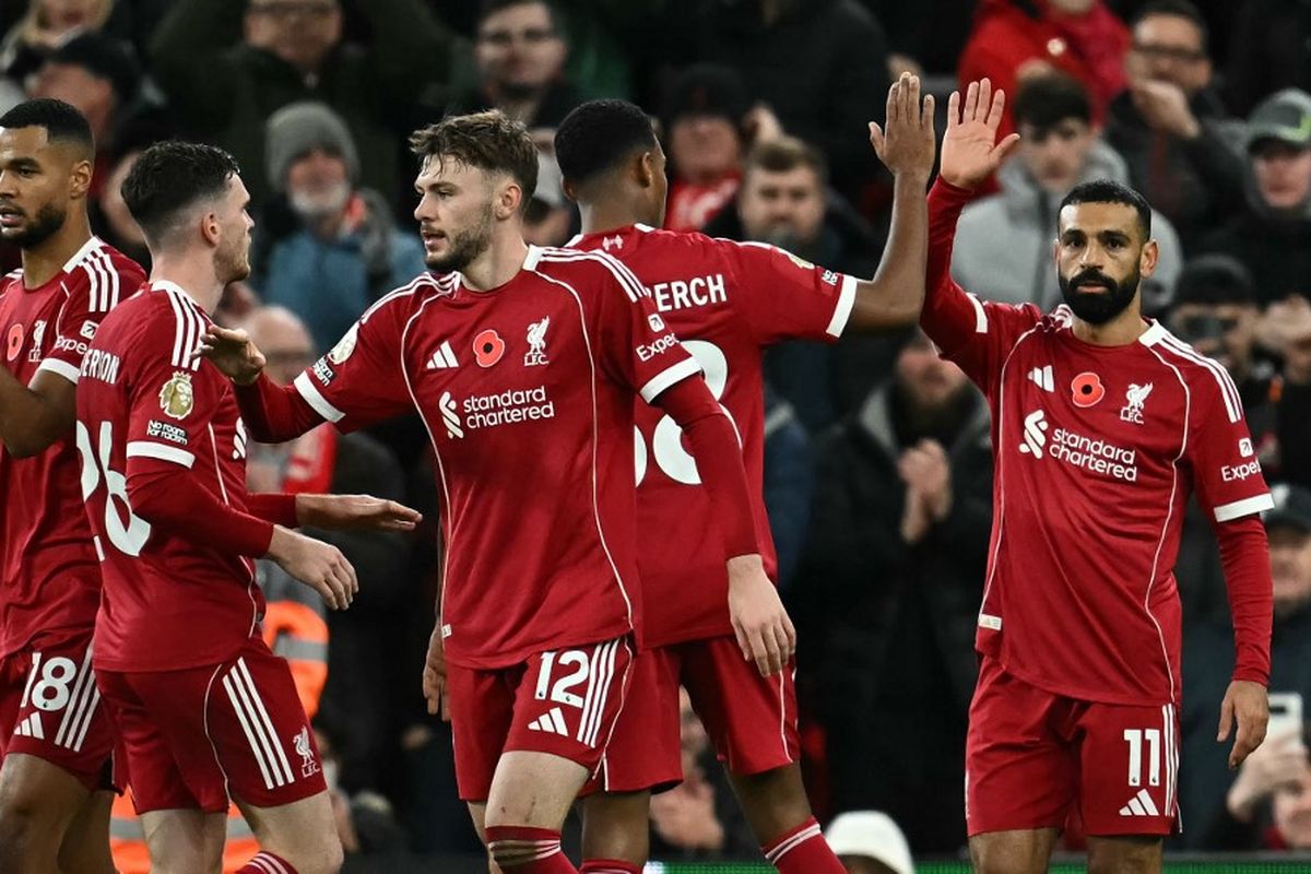 Mohamed Salah merayakan gol Liverpool vs Wolves di FA Cup